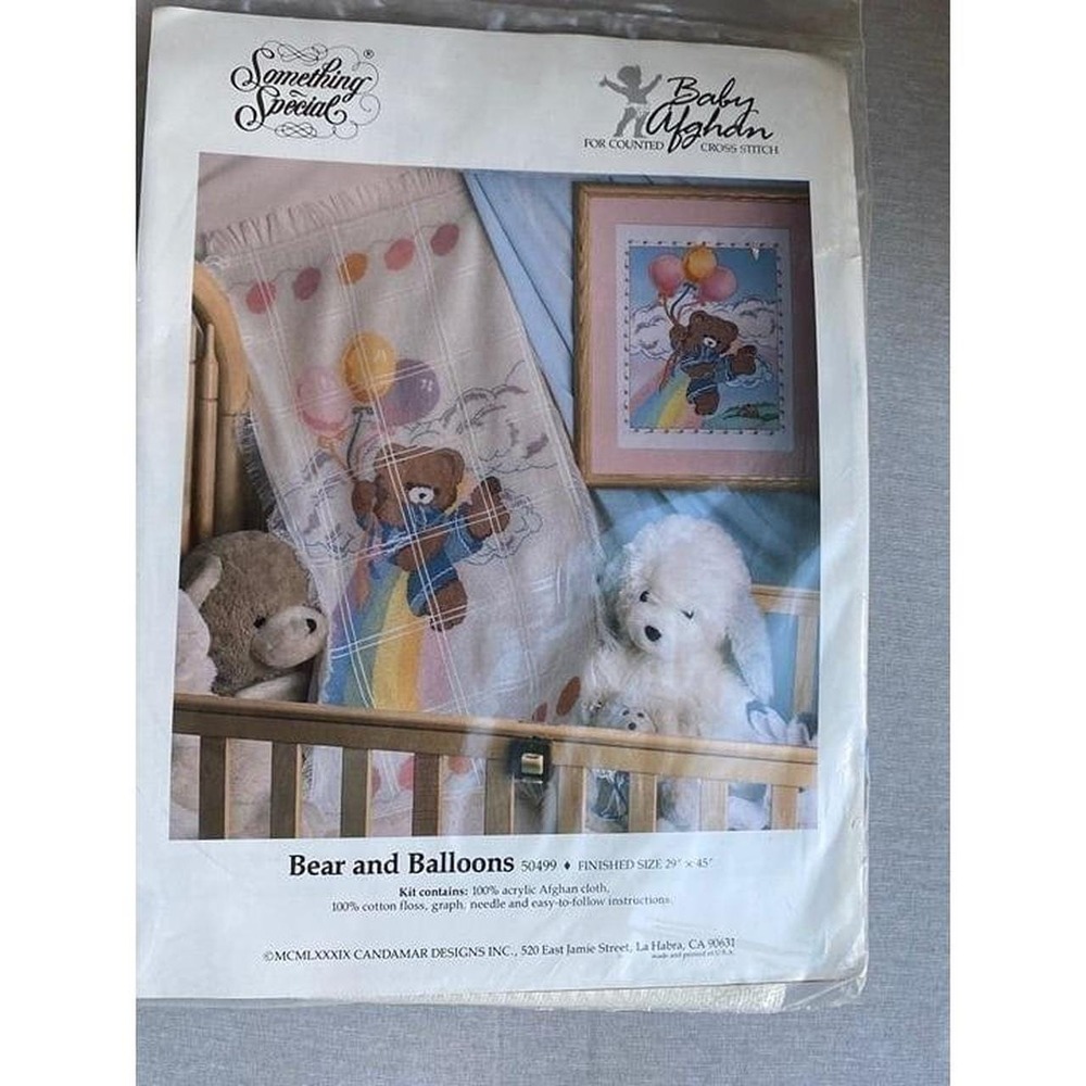 NIB DIY Craft Kit Baby Afghan Counted Cross Stitch Bear And Balloons Sew Needle